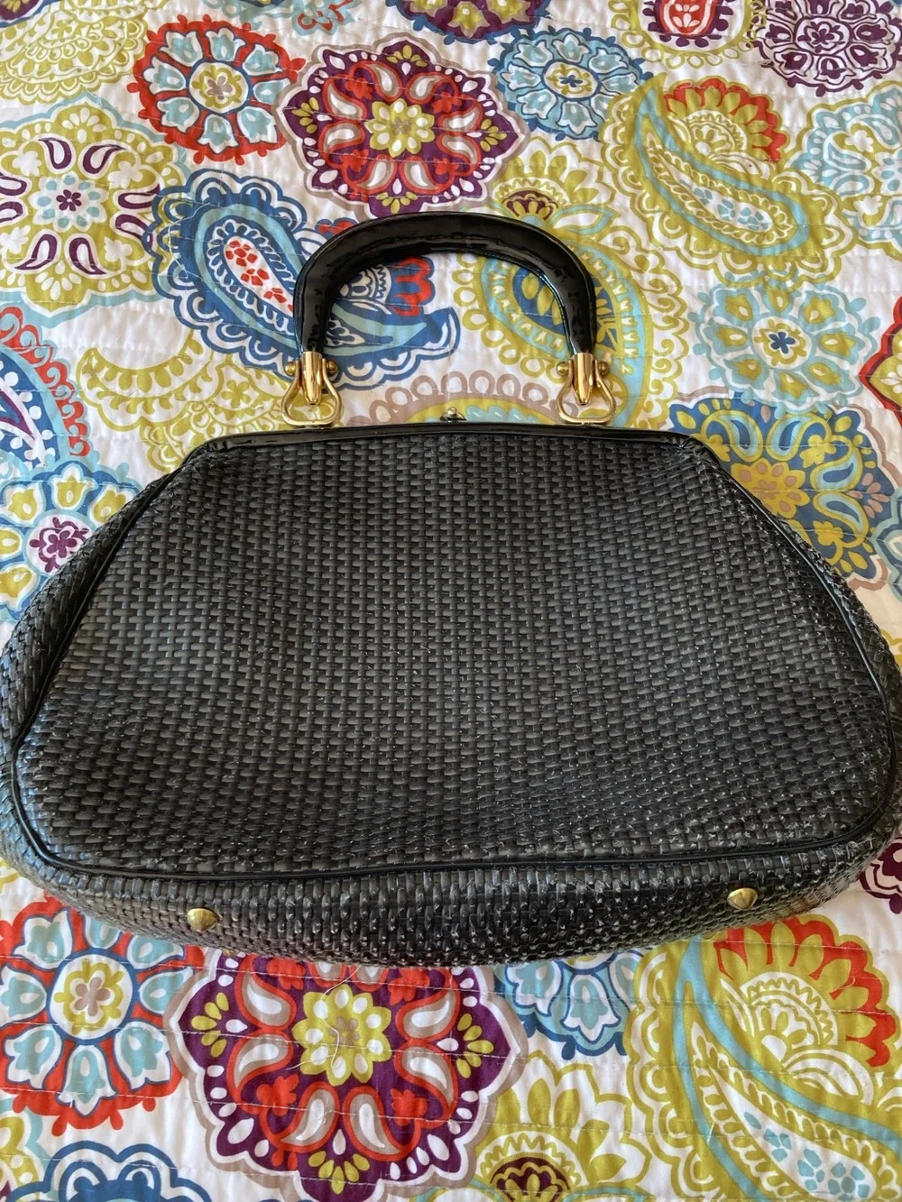 Structured Woven Top-Handle Satchel in Black with Gold Accents